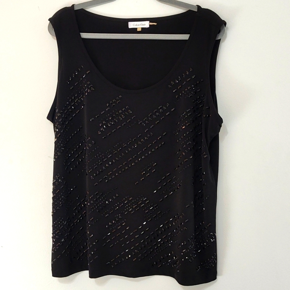Calvin Klein Sleevless Blouse Top Size 2X Beaded Black Festive Holiday Party